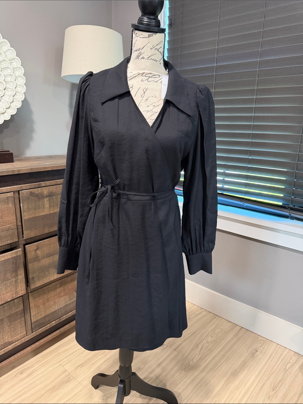 Black Long-Sleeve Wrap Dress with Tie Waist.